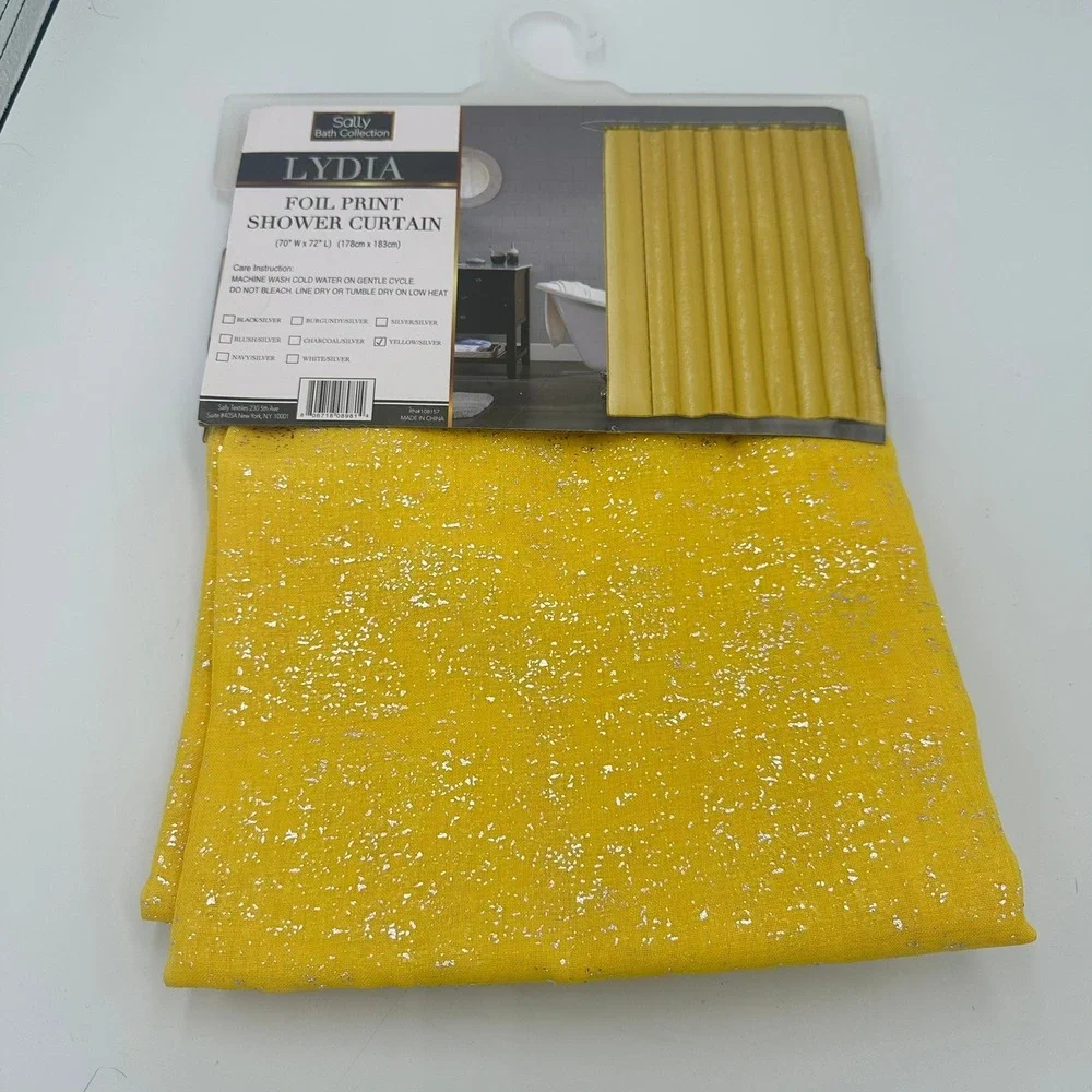 Sally‎ Bath Collection Lydia Shower Curtain 70x72 Yellow Silver Foil Print Glam